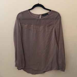 greyish tan long-sleeve blouse with lace stripe